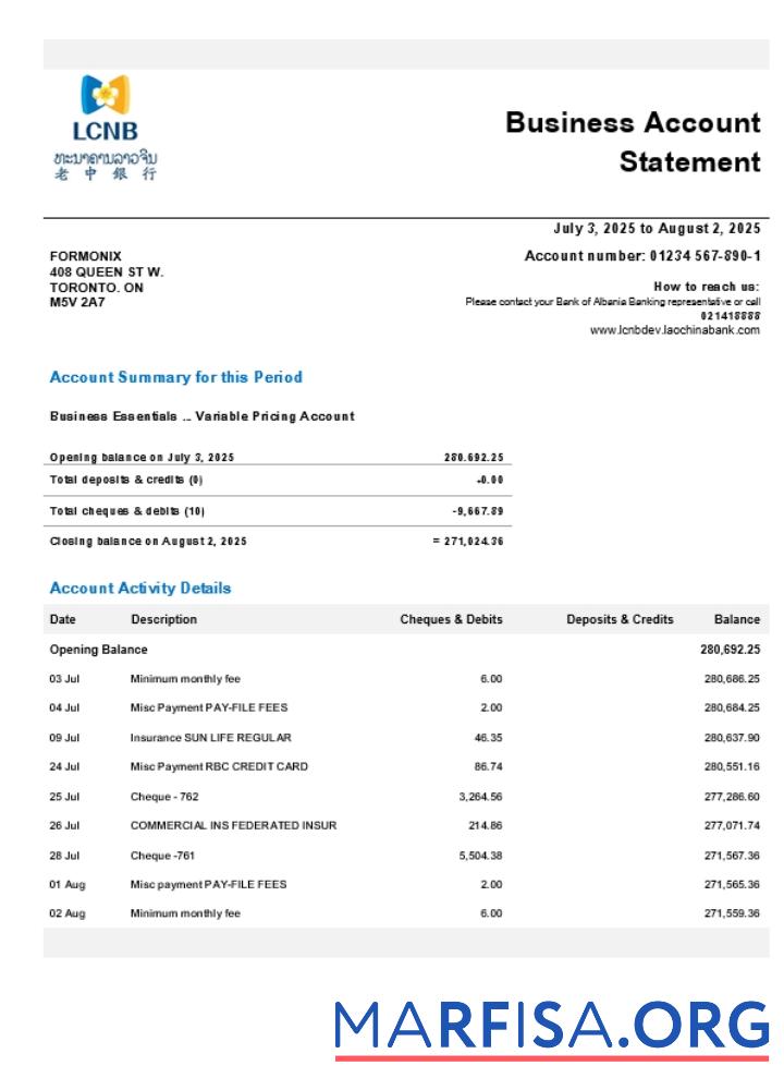 Downloadable Laos LCNB company checking account statement Word and PDF template (1)